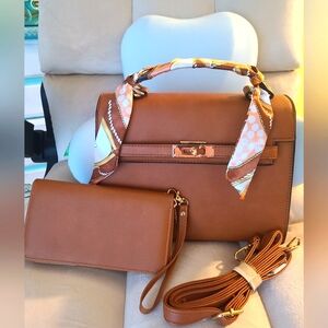 New top handle brown crossbody vegan Leather satchel+ twilly+ matching w…